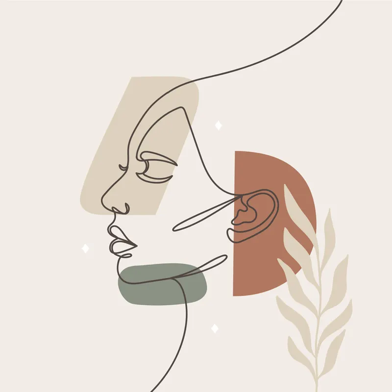 Ilustrácia: línie ženskej tváre v profile s listom a terakotovým tvarom