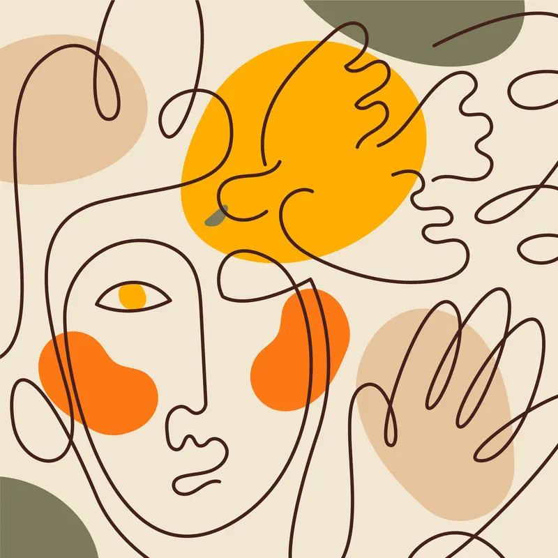 Ilustrácia: abstraktná kresba tváre v zemitých farbách s oranžovým slnkom