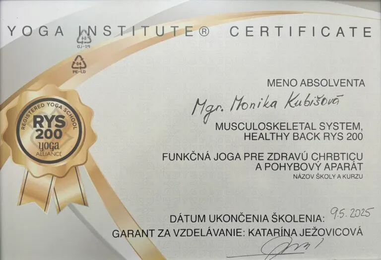 Certifikát Yoga Institute o ukončení školenia jogy